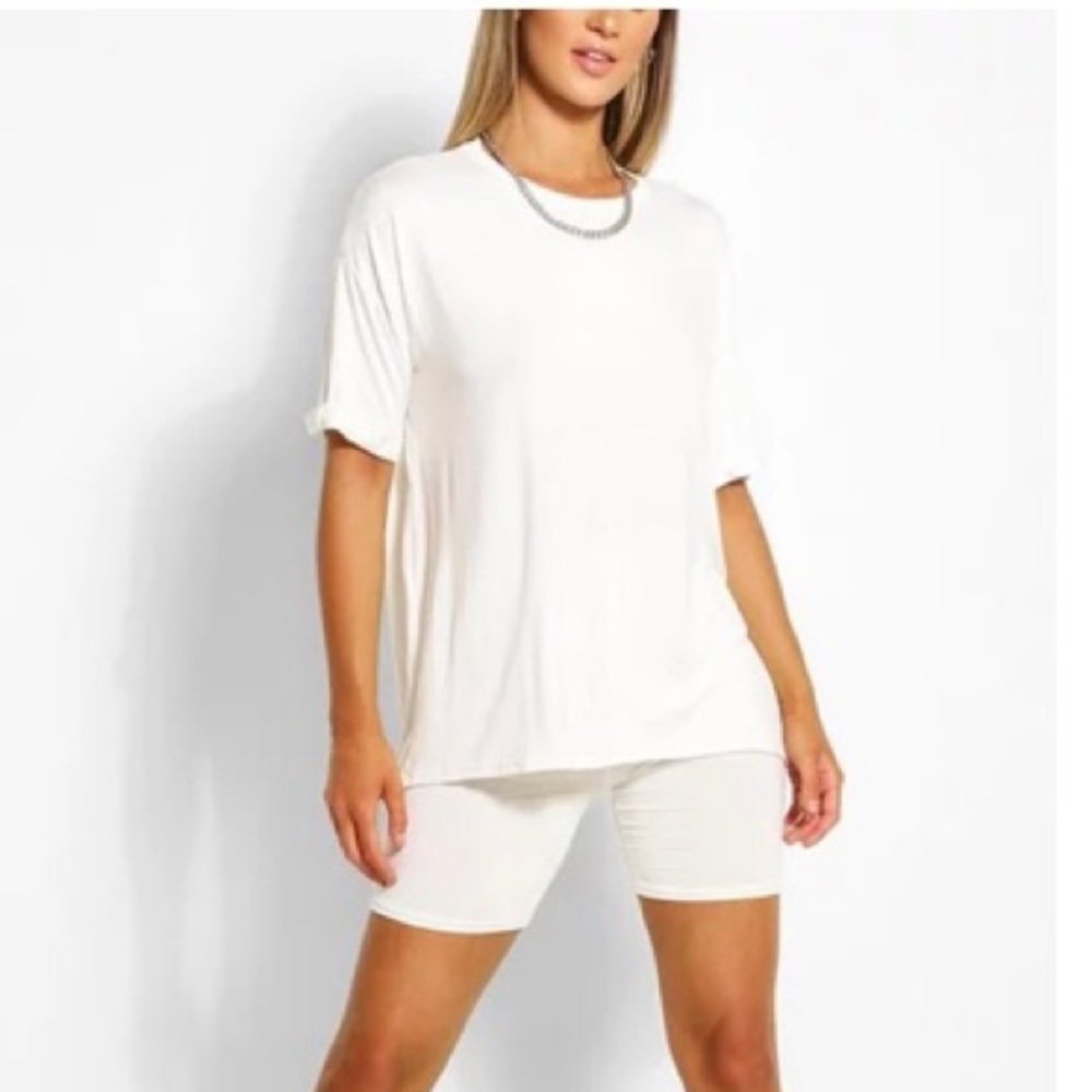 BOOHOO Jersey T-Shirt & Biker Short Set White -M